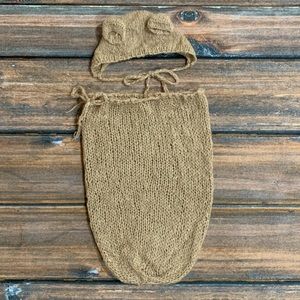 Newborn Knit Brown Swaddle Sack and Hat with Brown Ears - for photo shoots